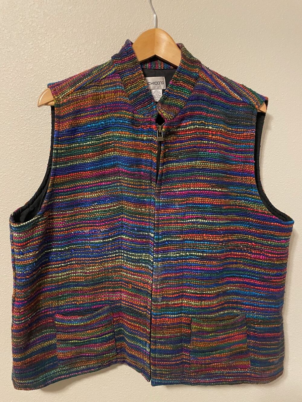 Chicos Vest Womens 3 US XL Multicolor Silk Blend Tweed Zip Collared Boho Artsy